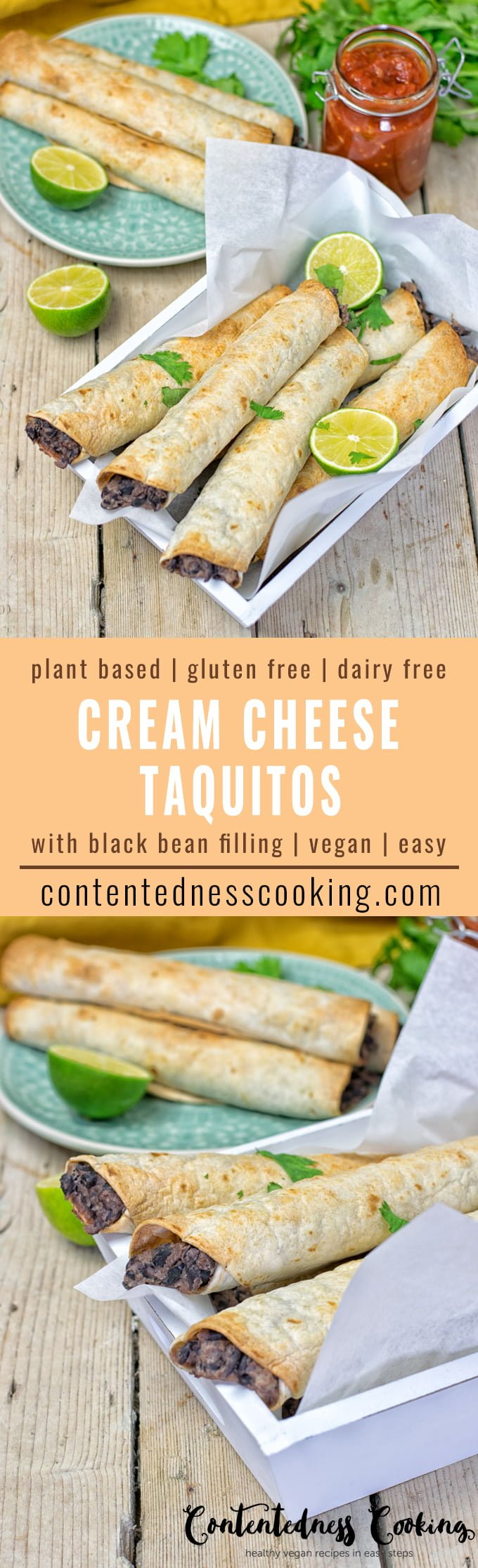 Collage of two pictured of the Vegan Cream Cheese Taquitos with recipe title text.
