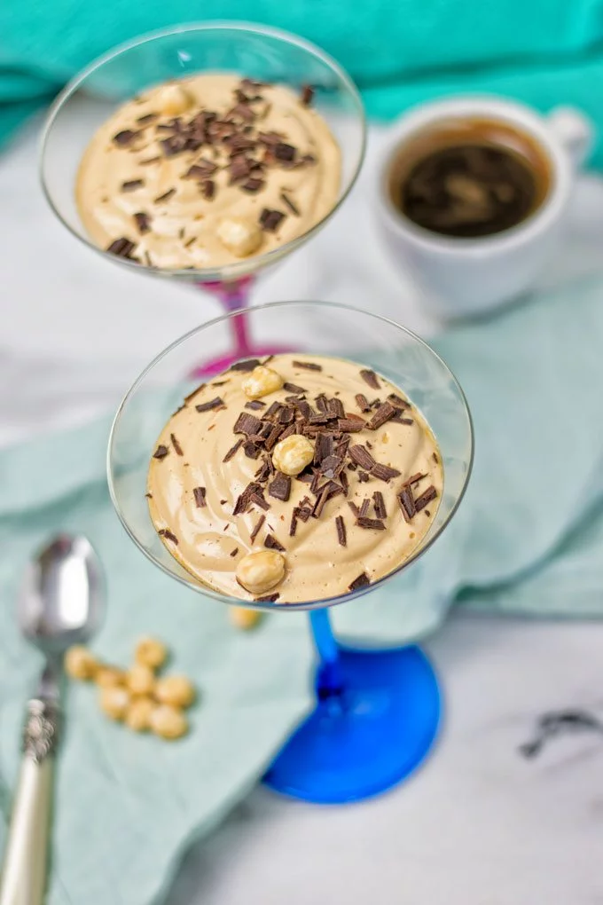 Closeup on a glass with Coffee Cheesecake Mousse.