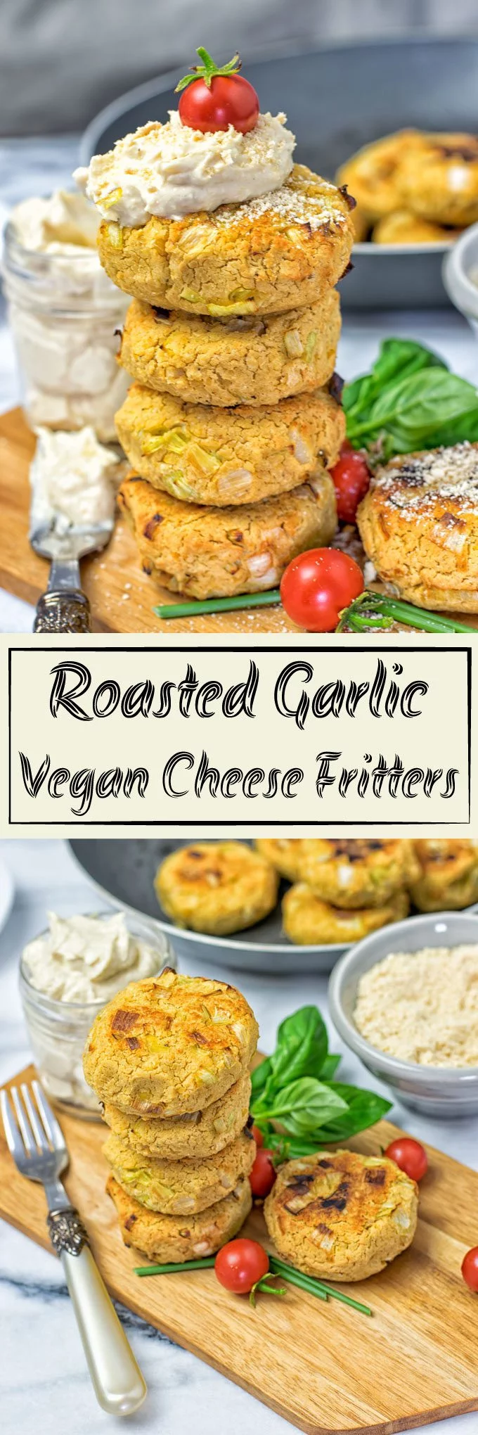 Collage of two pictures of Roasted Garlic Vegan Cheese Fritters with recipe title text.