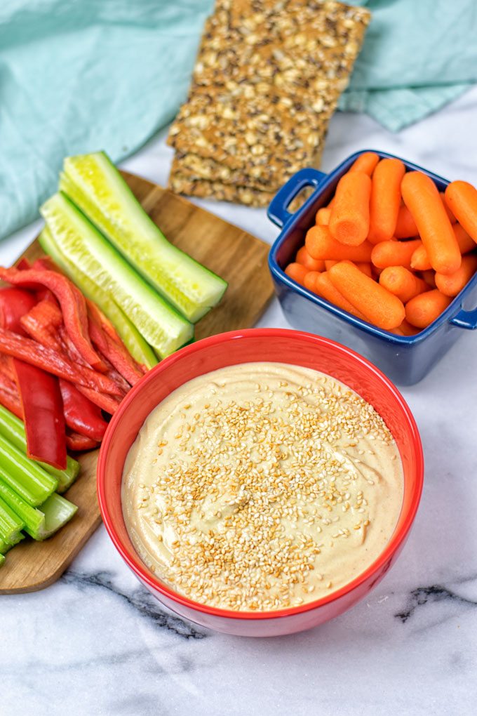 Top view on a bowl of 30 Seconds Best Hummus Recipe.