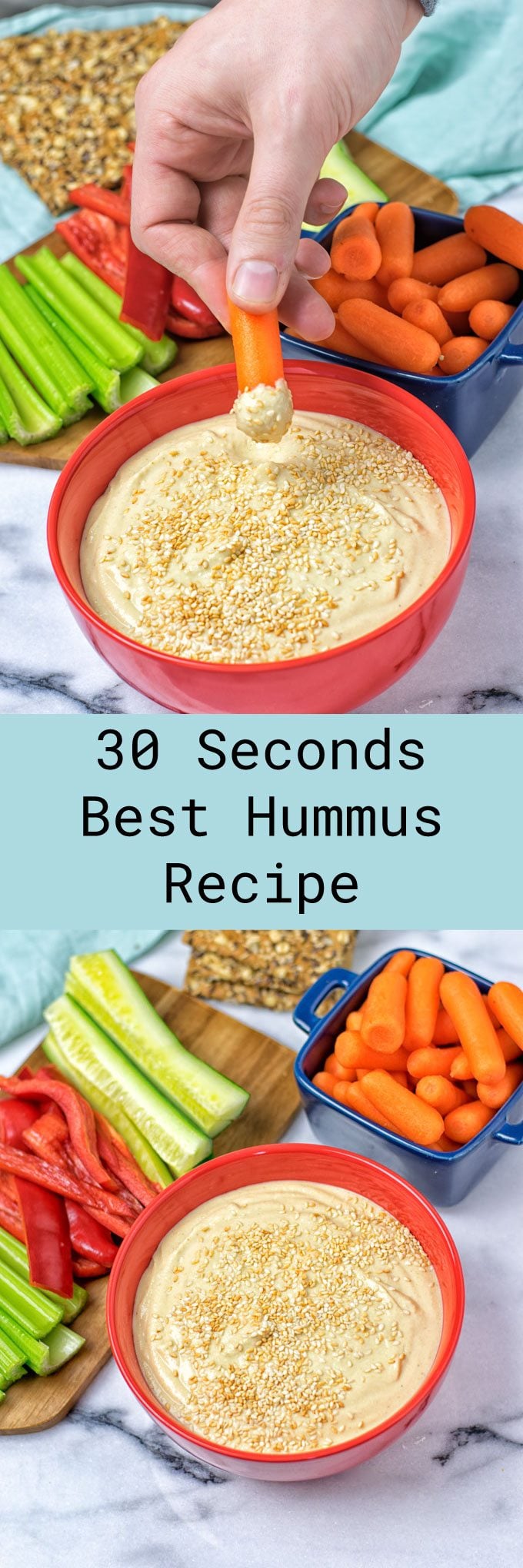 Collage of two pictures of the 30 Seconds Best Hummus Recipe with recipe title text.