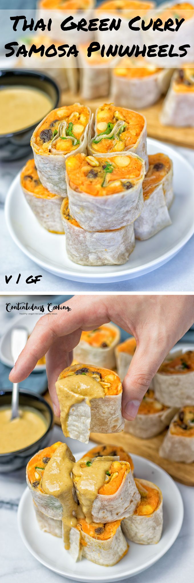 Collage of two picture of the Thai Green Curry Samosa Pinwheels with recipe title text.