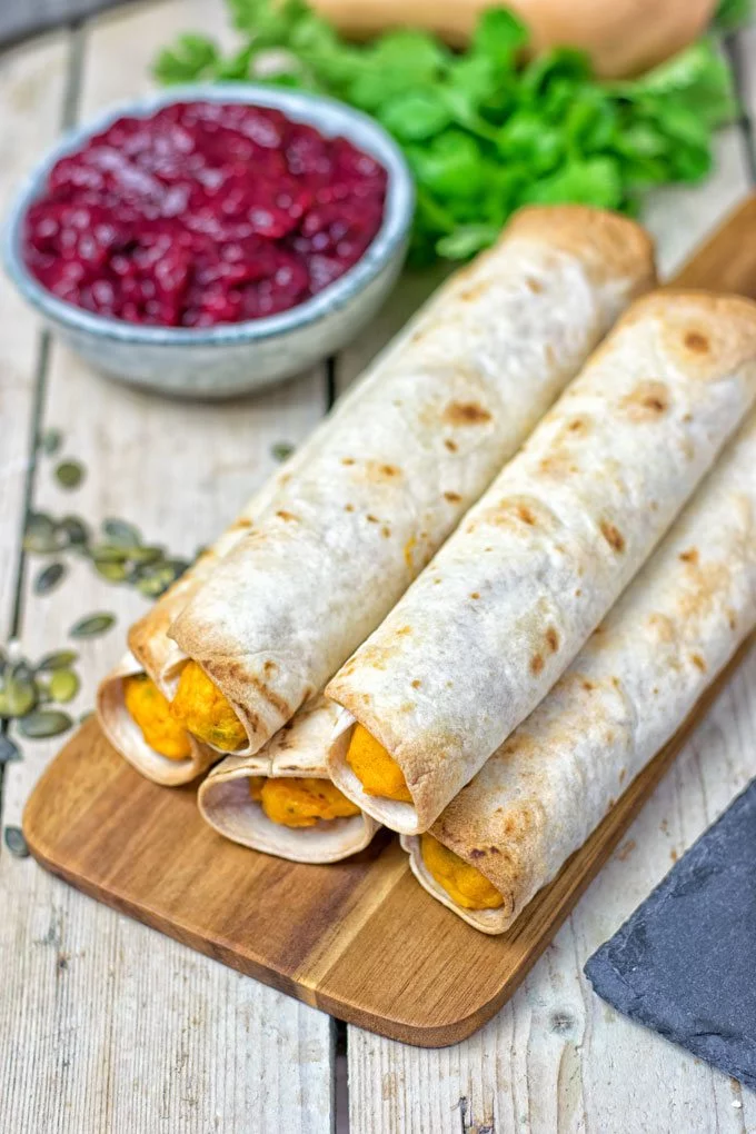 Closeup of the Pumpkin Vegan Cream Cheese Taquitos.