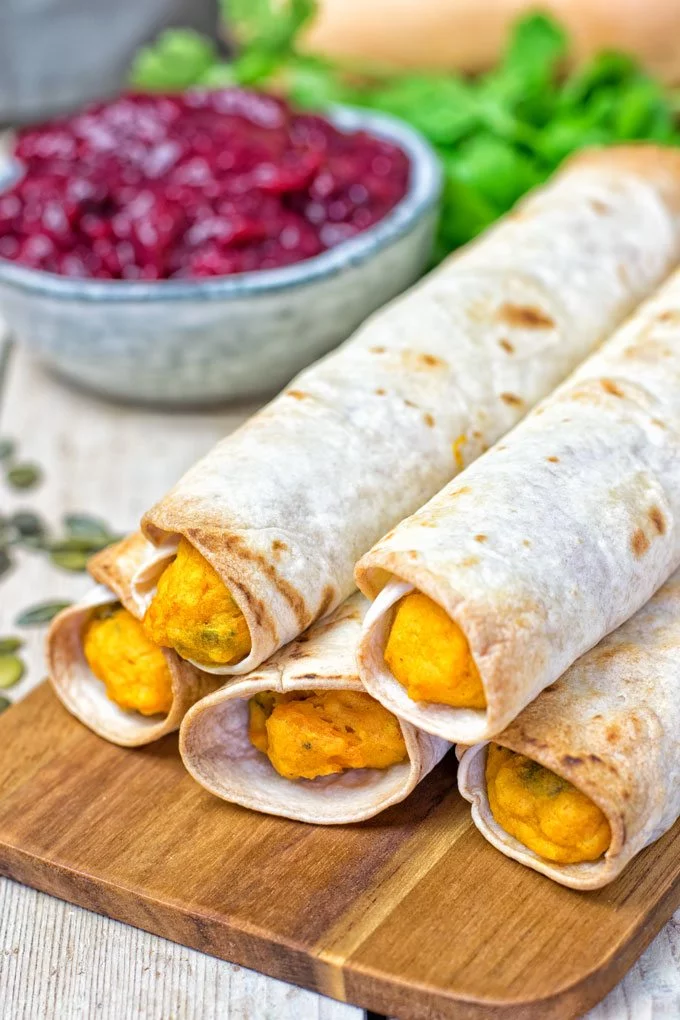 Zooming into the filling of the Pumpkin Vegan Cream Cheese Taquitos.