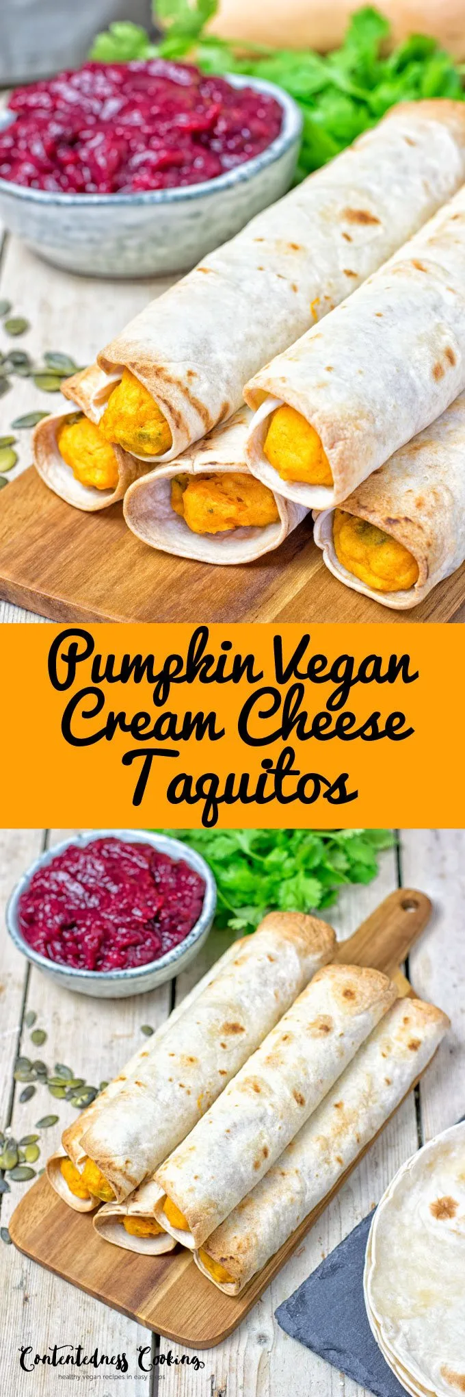 Collage of two pictures of the Pumpkin Vegan Cream Cheese Taquitos