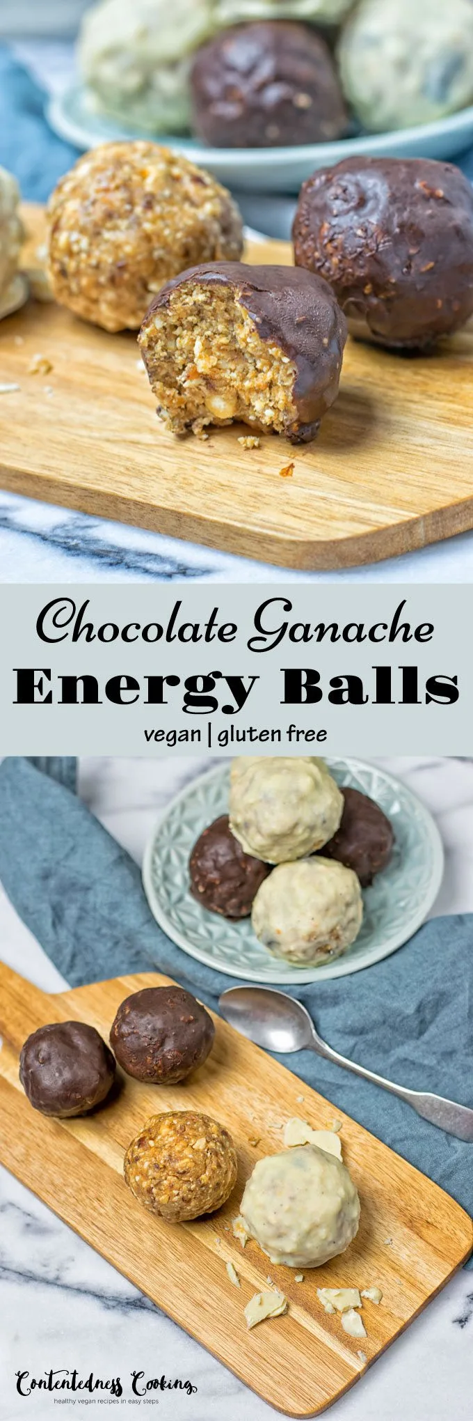 Collage of two pictures of Chocolate Ganache Energy Balls with recipe title text.