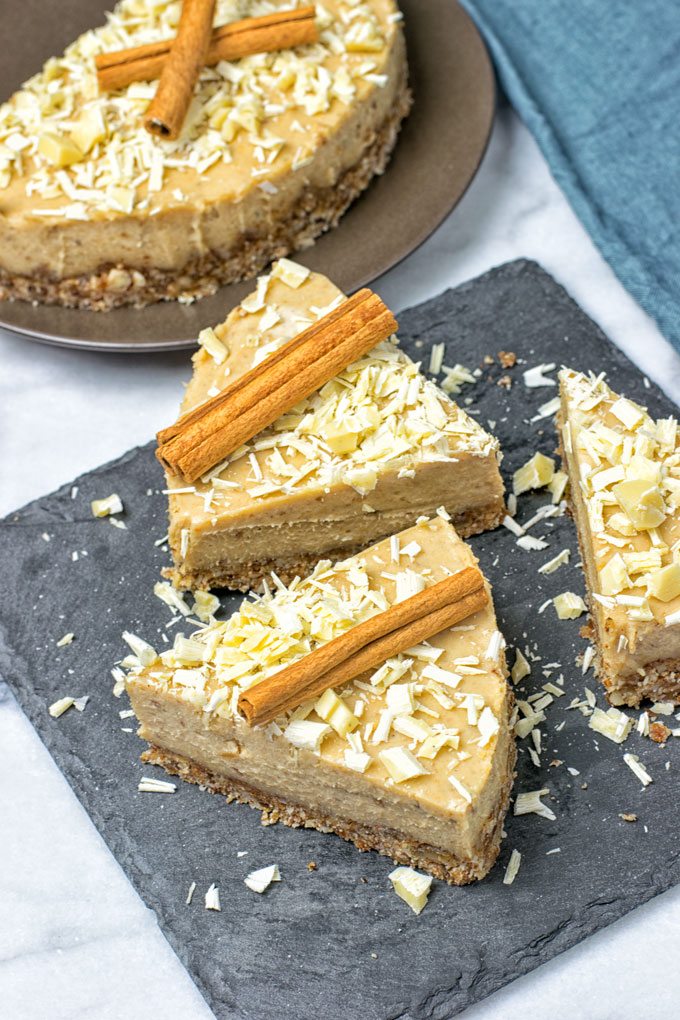 Top view on three slices of Cinnamon White Chocolate Cheesecake.