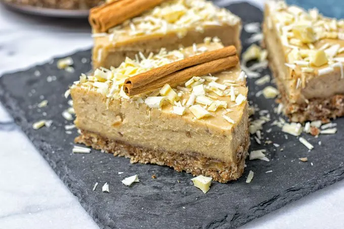 Closeup on a slice of the Cinnamon White Chocolate Cheesecake.