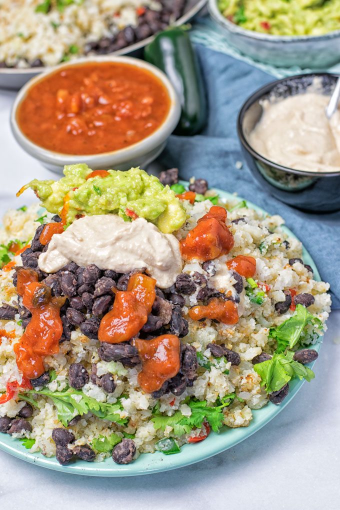 Closeup on a serving of Mexican Fiesta Cauliflower Rice.