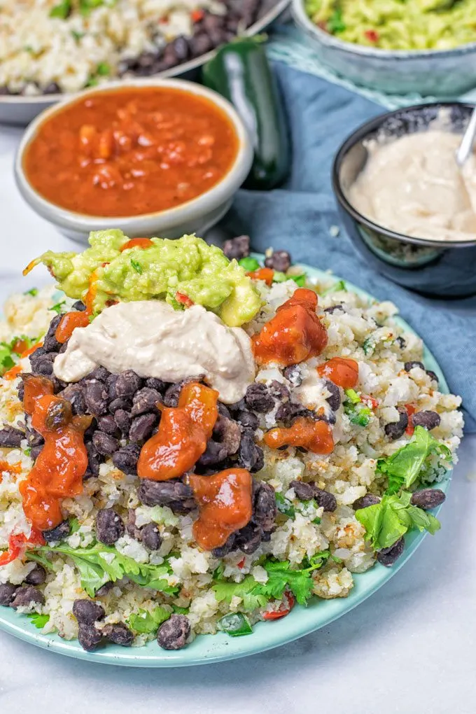 Closeup on a serving of Mexican Fiesta Cauliflower Rice.