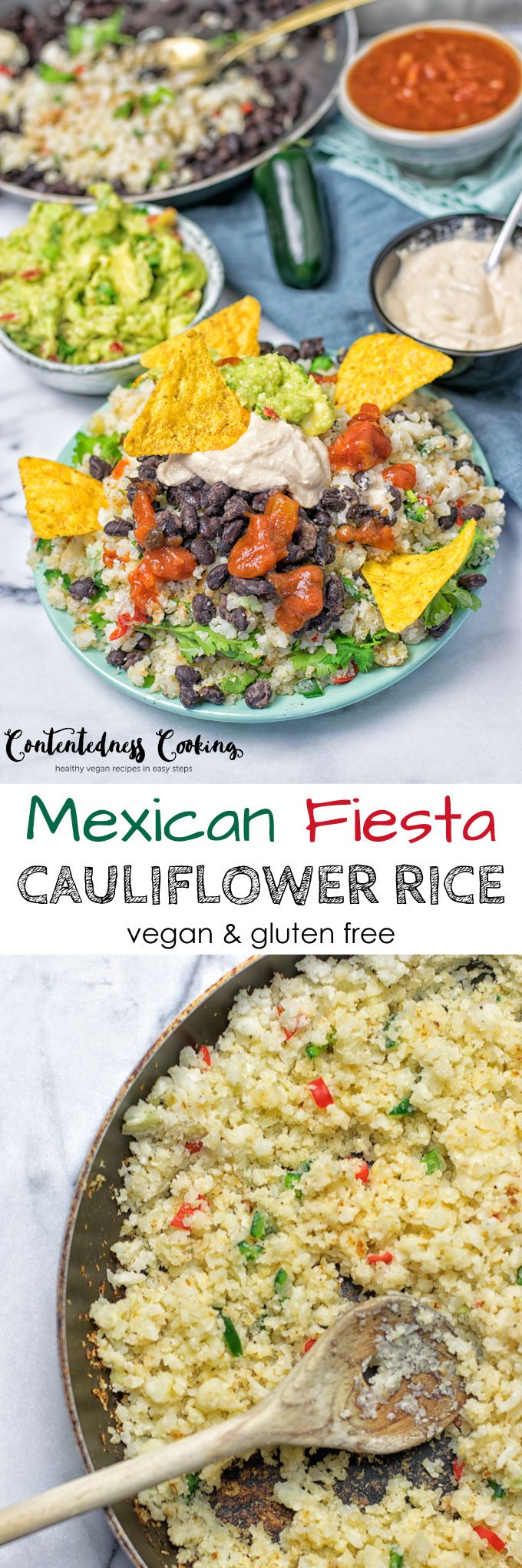 Collage of two pictures of the Mexican Fiesta Cauliflower Rice with recipe title text.