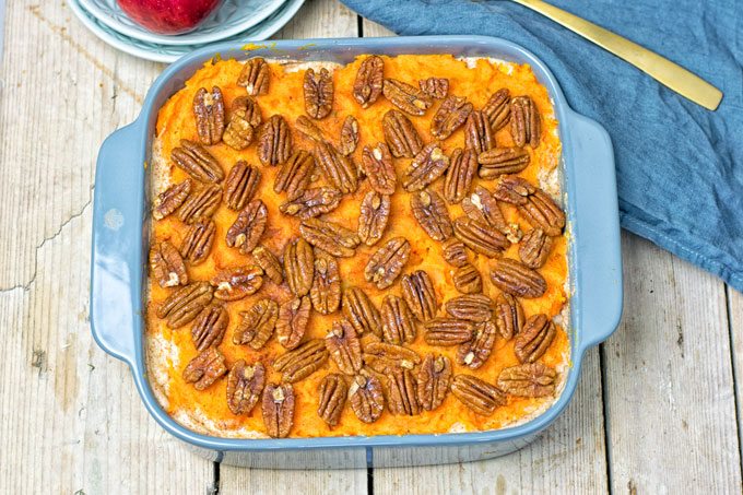 Top view on the dish with the Sweet Potato Casserole.