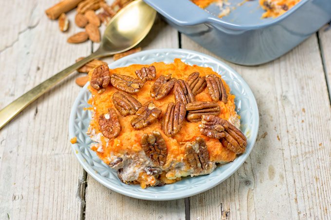 Serving of the Sweet Potato Casserole on a small plate.