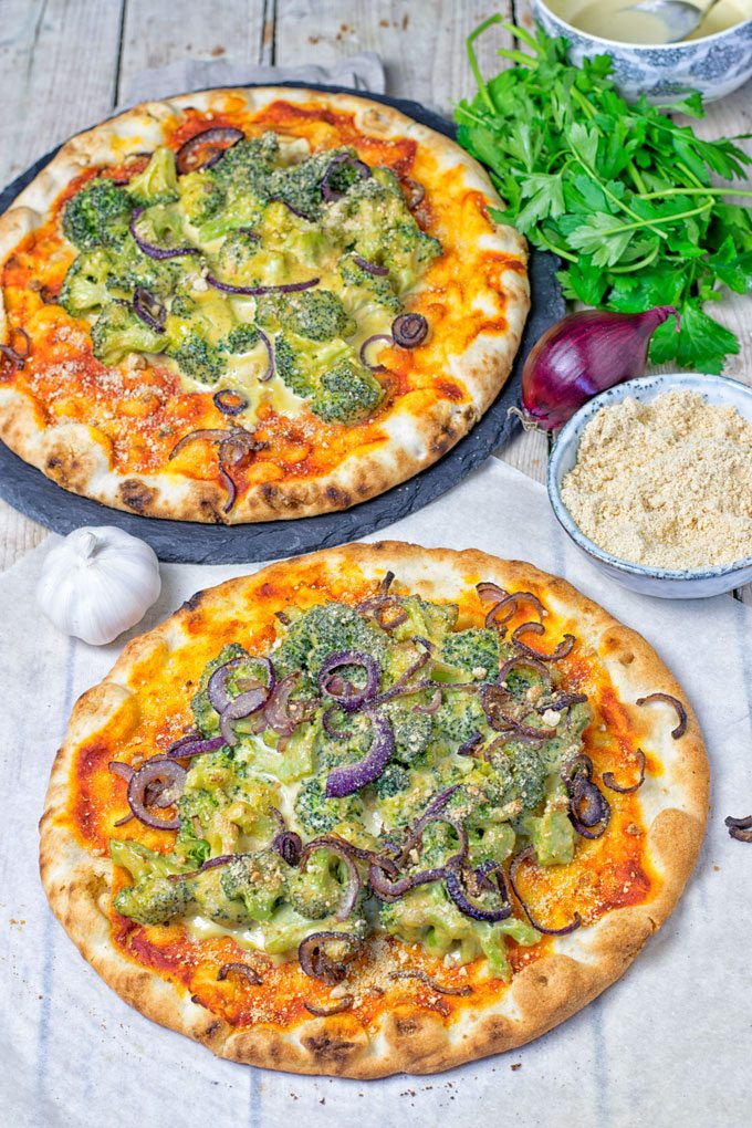 Two Broccoli Cheese Vegan Pizzas.