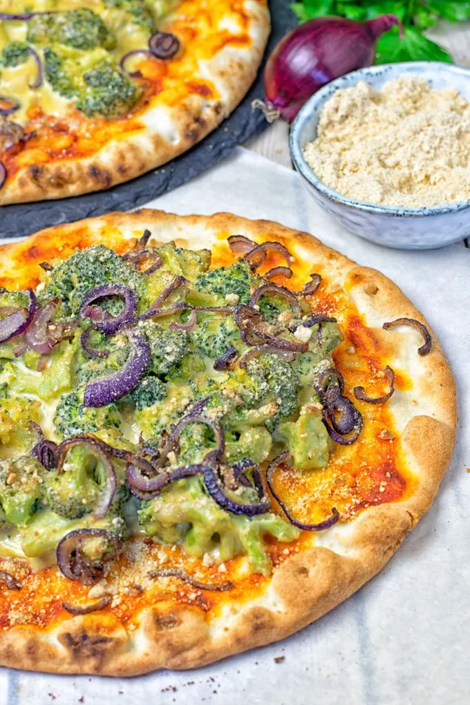 Closeup on Broccoli Cheese Vegan Pizza.
