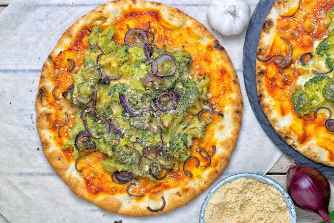 Top view on a Broccoli Cheese Vegan Pizza.