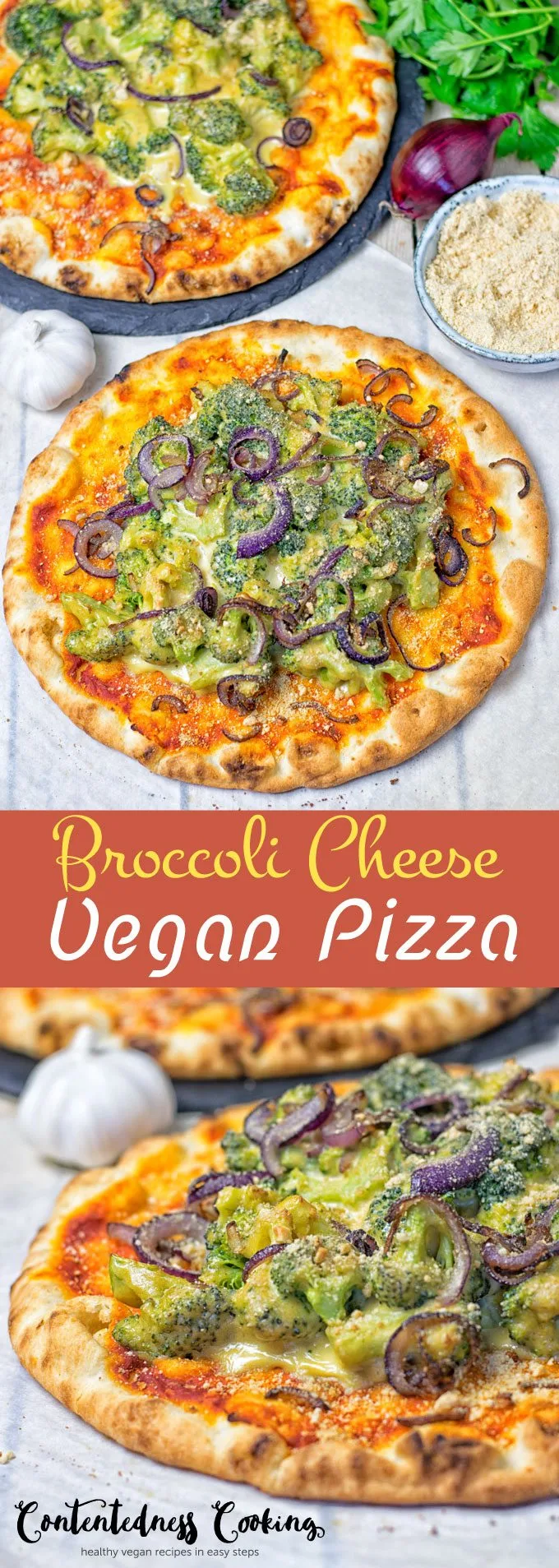 Collage of two pictures of Broccoli Cheese Vegan Pizza with recipe title text.