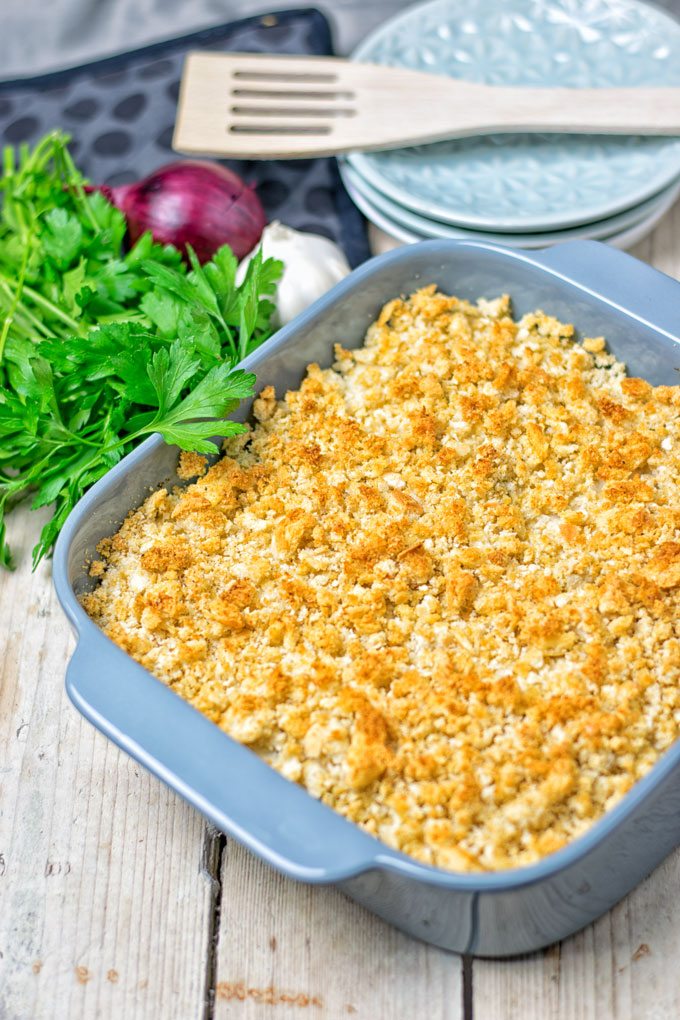 View on the Mashed Cauliflower Green Bean Casserole in the casserole dish after baking.