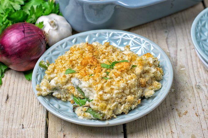 A serving of the Mashed Cauliflower Green Bean Casserole on a plate.
