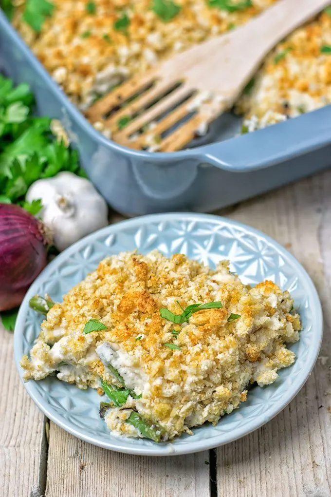 Closeup on a serving of the creamy green bean casserole.