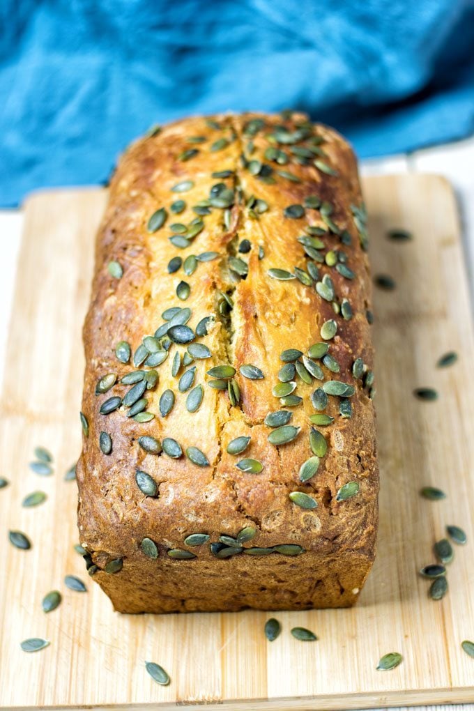 Loaf of the Hummus Homemade Bread on a wooden board.