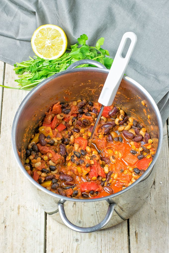 The Lentil Three Bean Chili is a large pot.