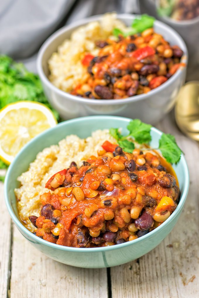 Closeup on a Lentil Three Bean Chili bowl.