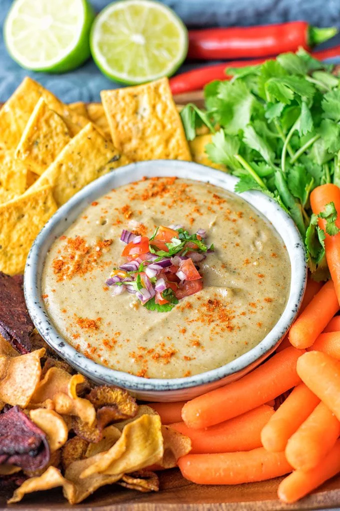 Closeup of Mexican Cheese Dip in a small grey bowl.