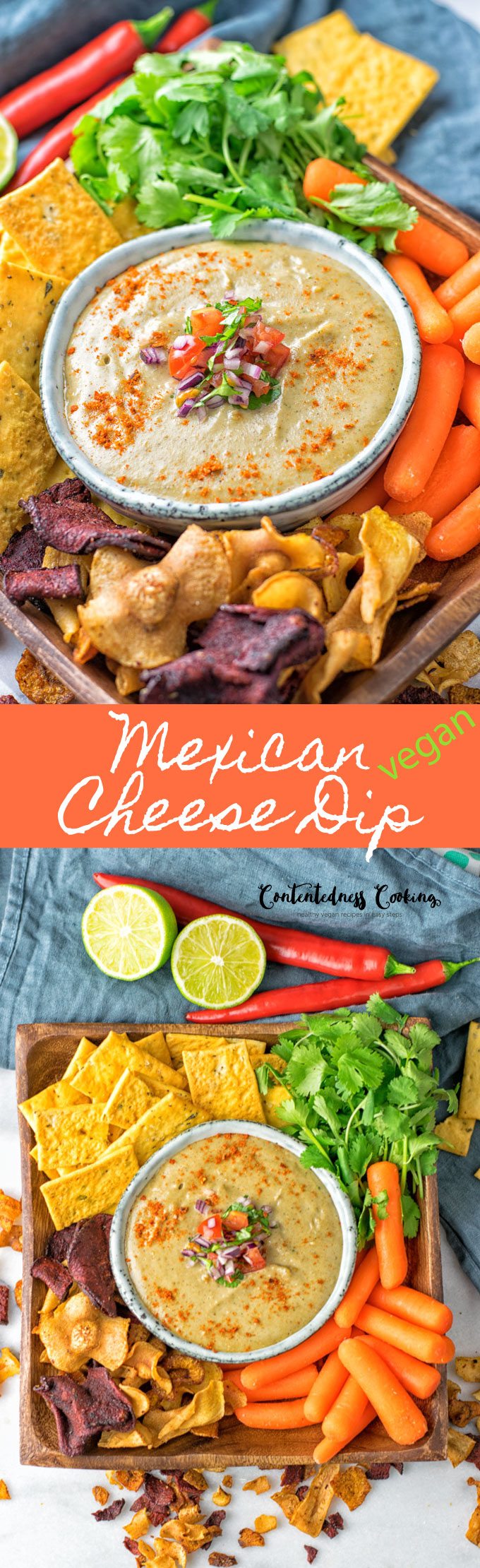 Collage of two pictures of the Mexican Cheese Dip with recipe title text.