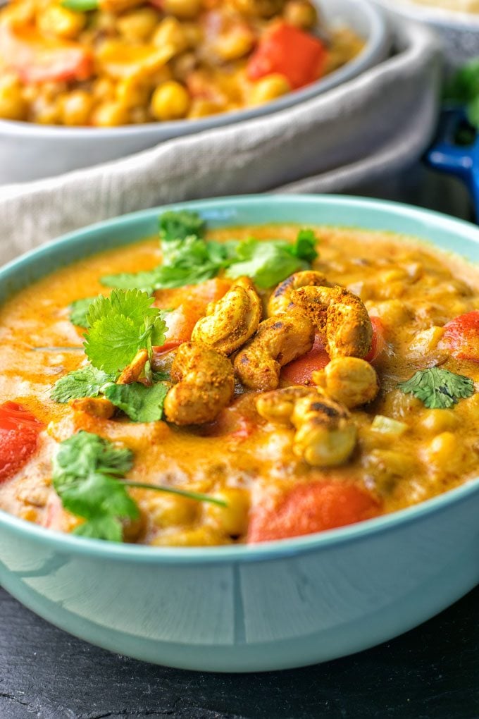 Closeup of Lentil Chickpea Yellow Curry bowl.