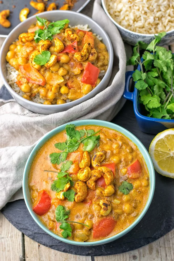 Lentil Chickpea Yellow Curry garnished with cilantro.