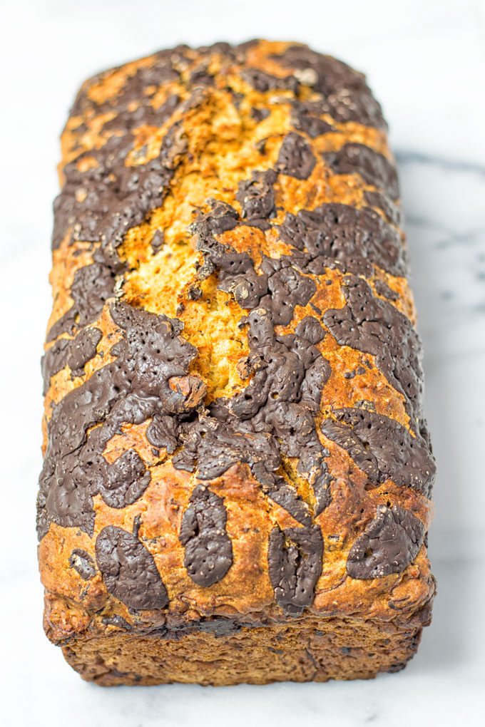 Full loaf of the Chocolate Chip Zucchini Bread from the front.