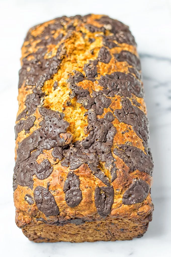 Full loaf of the Chocolate Chip Zucchini Bread from the front.