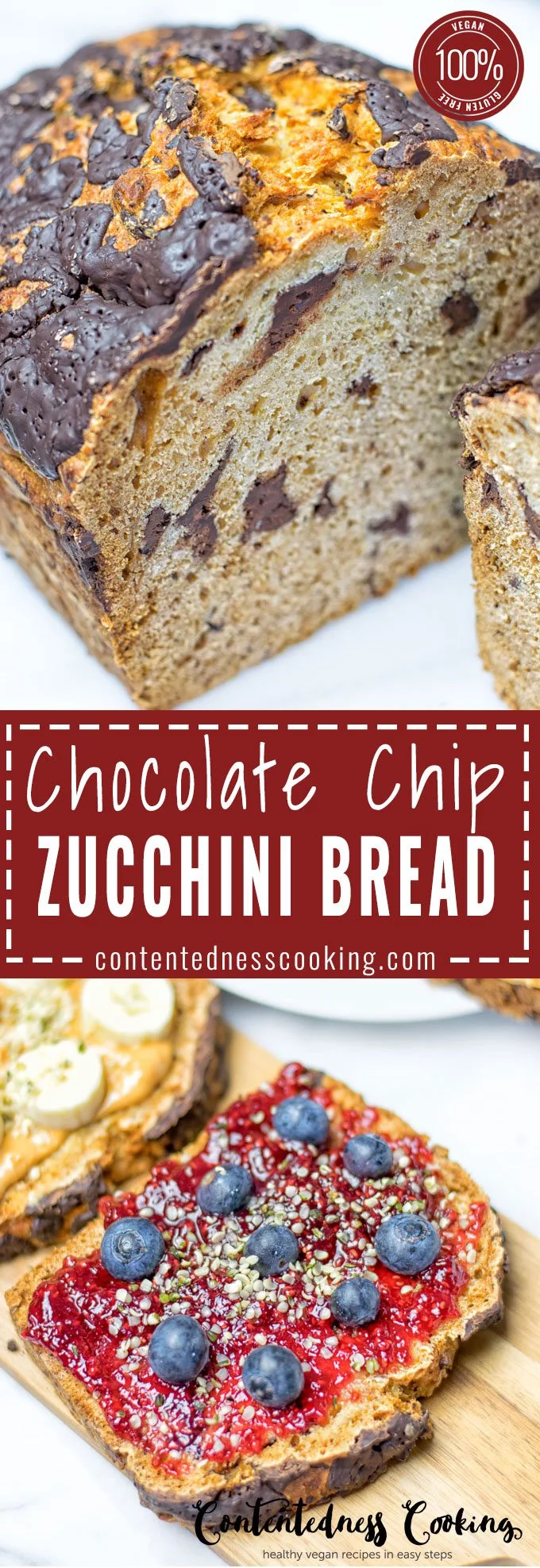 Collage of two pictures of the Chocolate Chip Zucchini Bread with recipe title text.