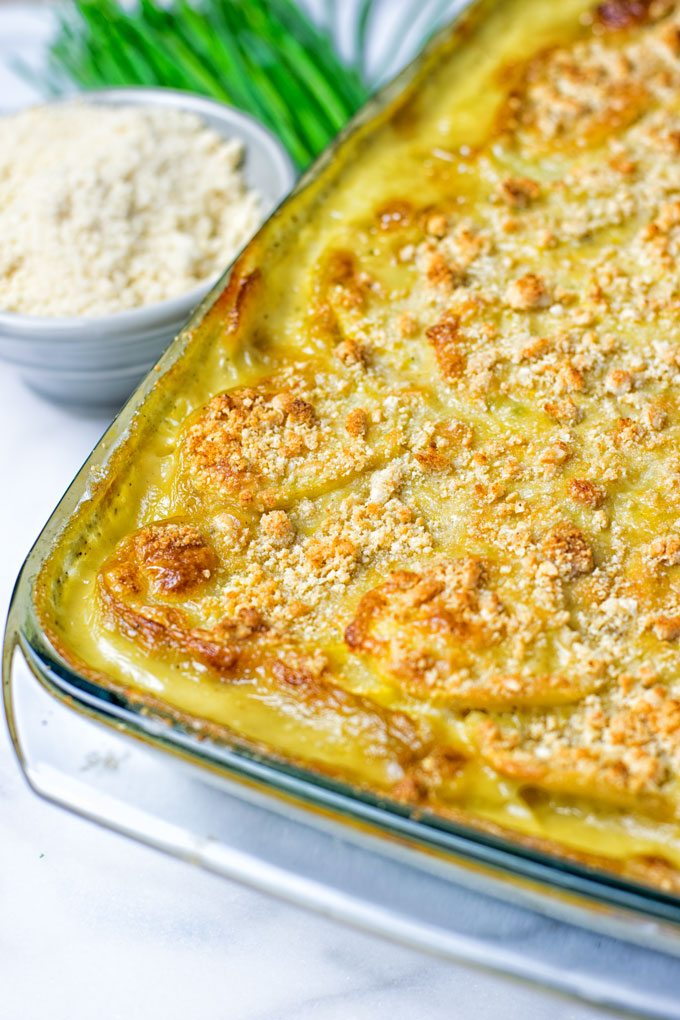 A full baking dish of the Garlic Butter Scalloped Potatoes.