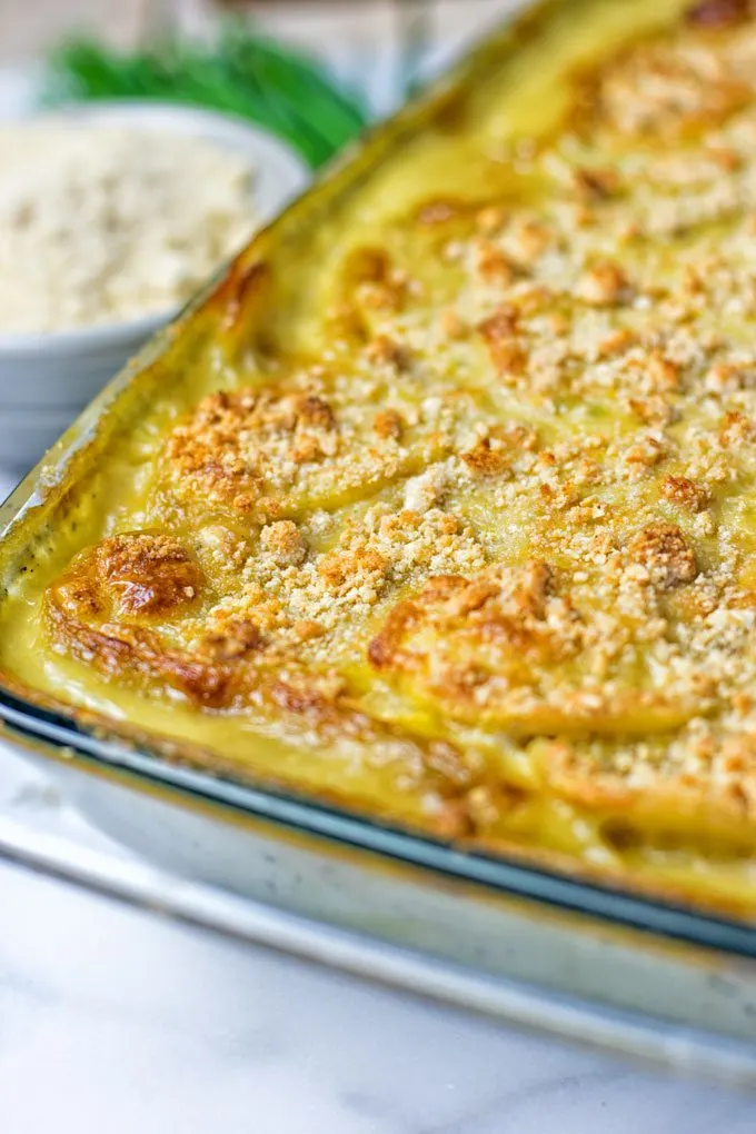 Closeup on the crust of the Garlic Butter Scalloped Potatoes.