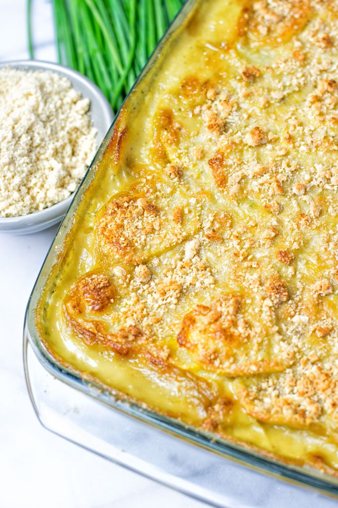 Baked Garlic Butter Scalloped Potatoes seen from above.