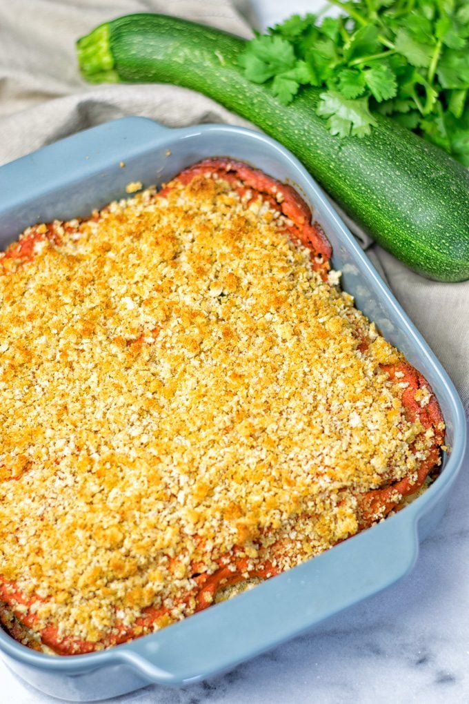 Vegan Ricotta Zucchini Casserole in a large grey dish.