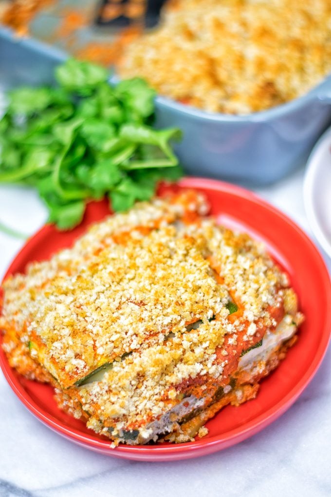 Closeup on a portion of Vegan Ricotta Zucchini Casserole.