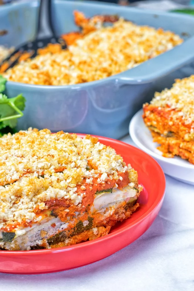 Side view on the layers of the Vegan Ricotta Zucchini Casserole.