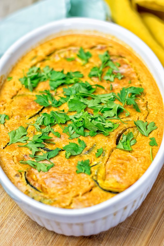 Dairy-Free Zucchini Frittata in an oval white baking dish.