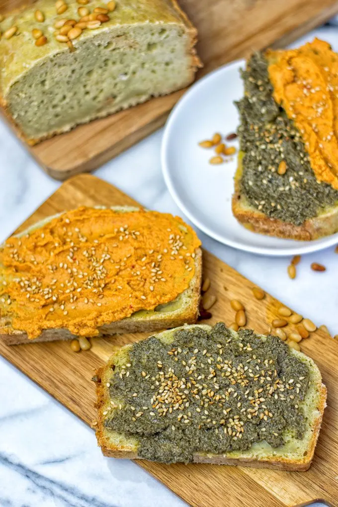 Two spreads on the garlic butter bread.