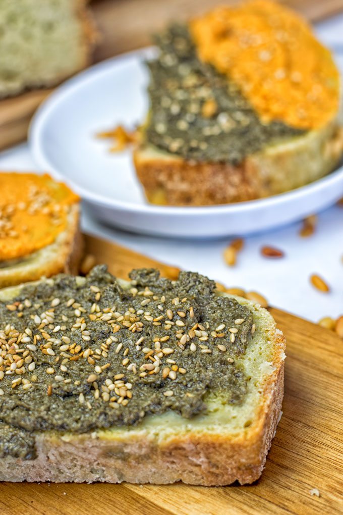 Closeup on a single open slice of the Garlic Butter Avocado Bread.