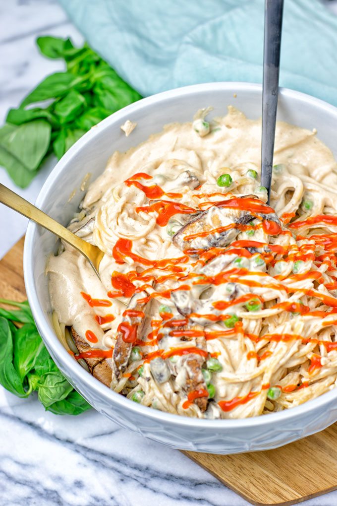 Spicy Tahini Pasta with extra hot sauce sprinkled over it.