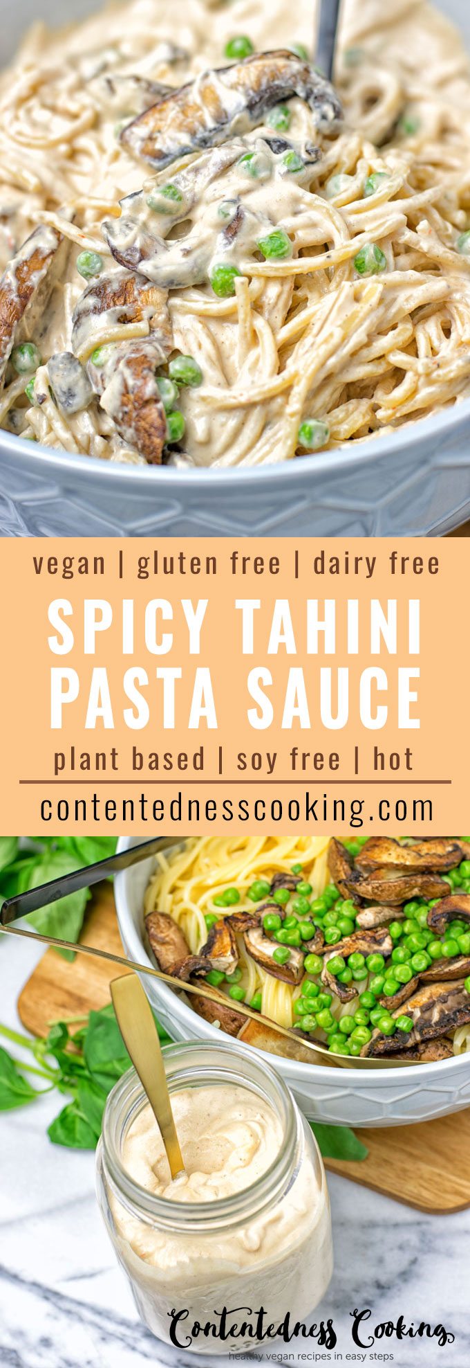 Collage of two pictures of the Spicy Tahini Pasta Sauce with recipe title text.