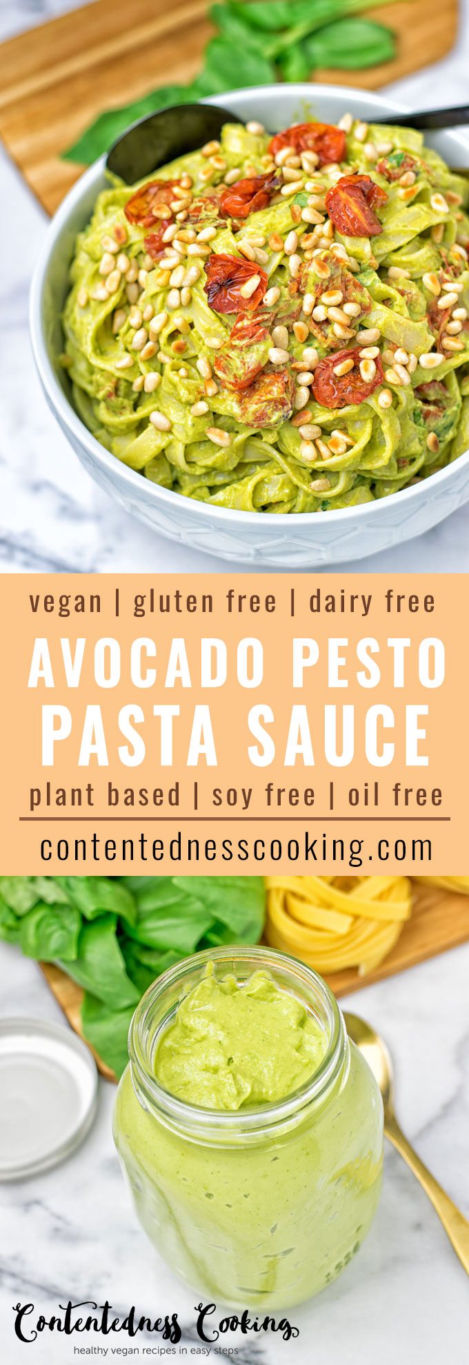 Collage of two pictures of the Avocado Pesto Pasta Sauce with recipe title text.