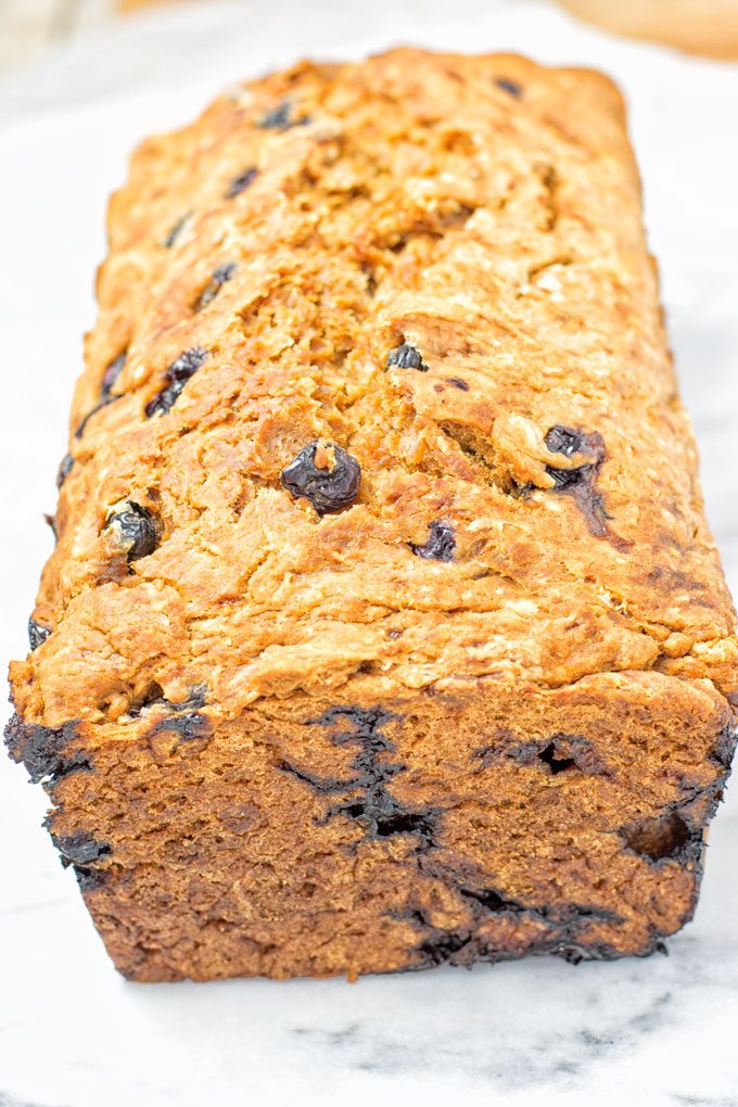 View on the crust on the Gluten-Free Blueberry Bread fresh from the oven.