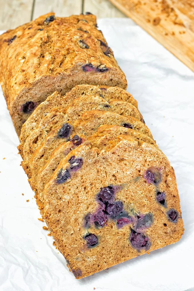 Top view on a stack of Gluten-Free Blueberry Bread slices.