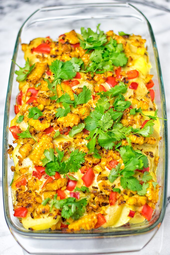 The Mexican Street Corn Potato Casserole in a glass casserole dish. 