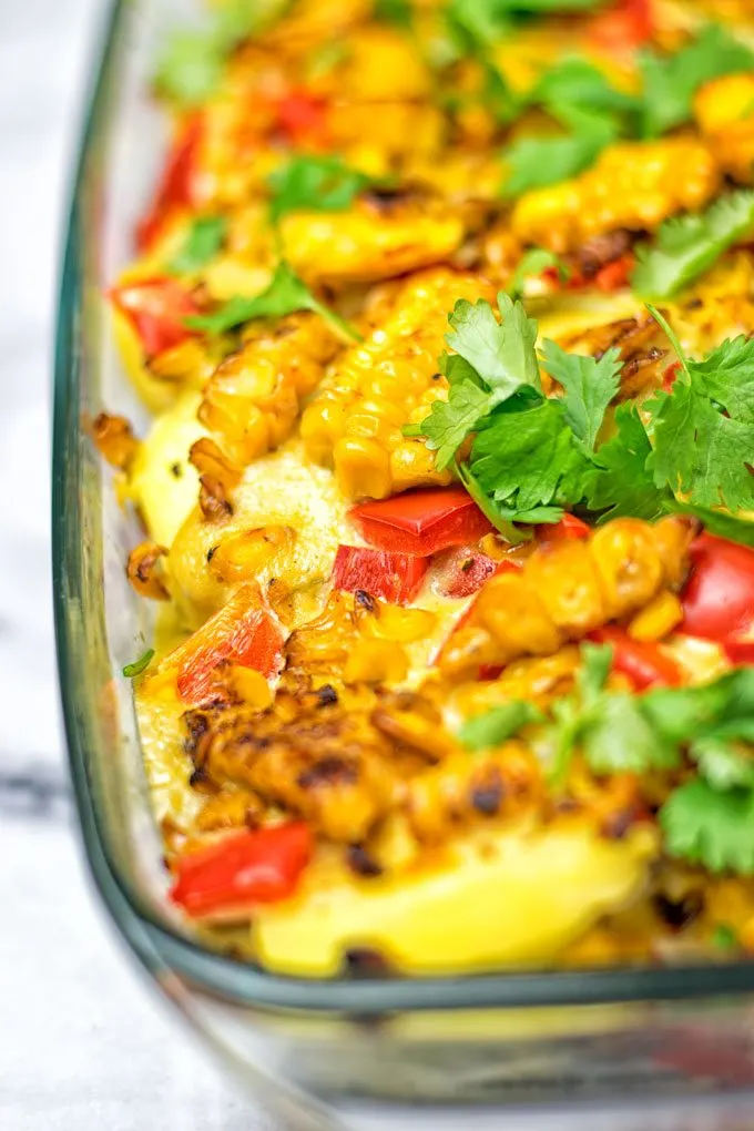 Closeup on the Mexican Street Corn Potato Casserole.